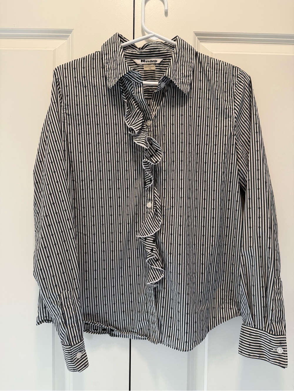 Black and White Striped Ruffle-Front Embroidered Button Up Shirt